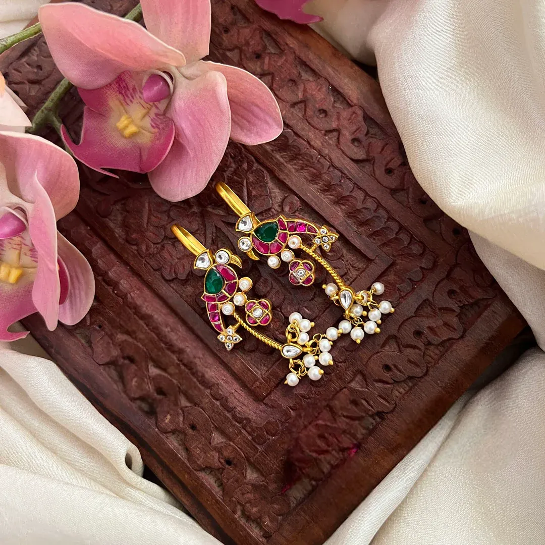 Peacock Earrings With Kemp Stones & Pearl Droplets Kundan Jadau Bugadi-Red White & Green